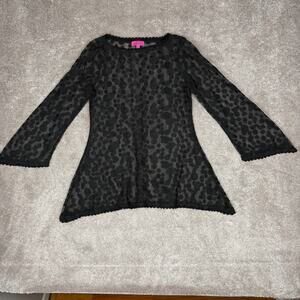 Max & Rina Black Sheer Mesh Lace Trim Bell Sleeve Tunic Blouse Size S y2k Boho